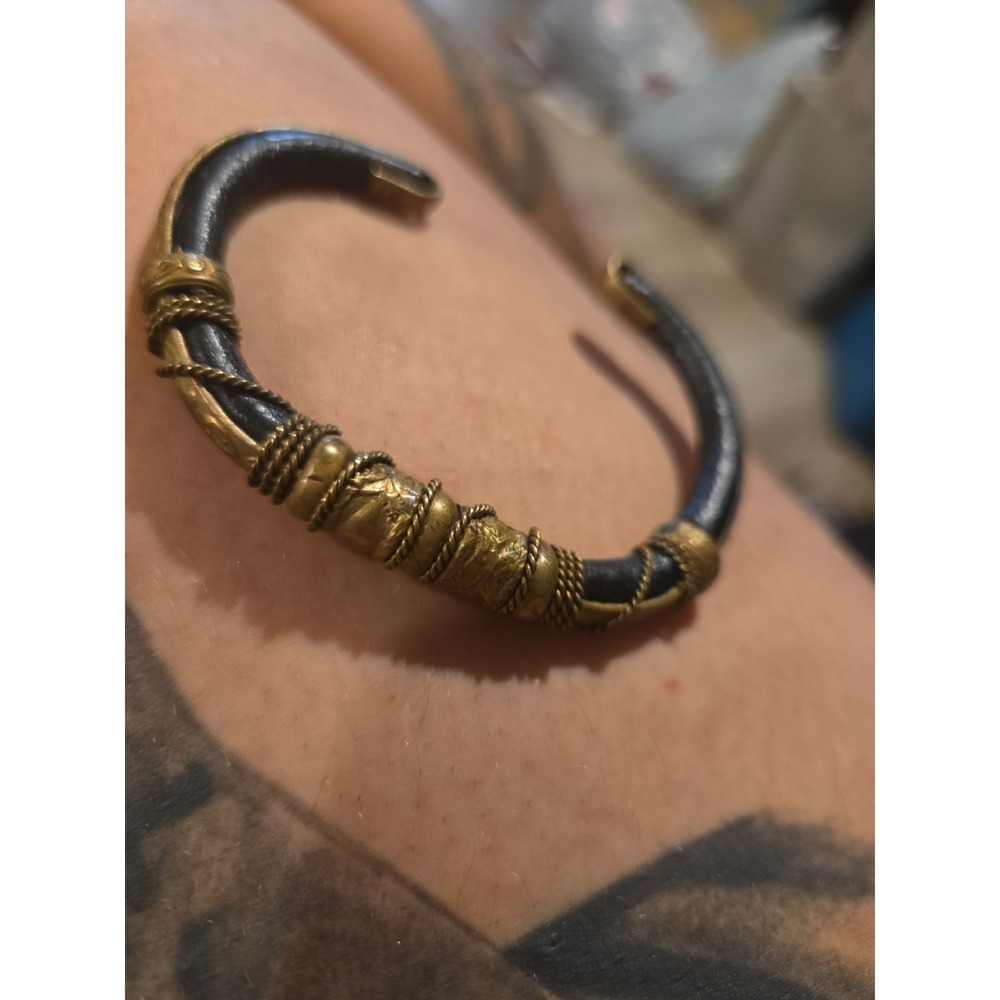 Vintage 1960s Brass Leather Bangle Bracelet Handmade India Boho Cuff